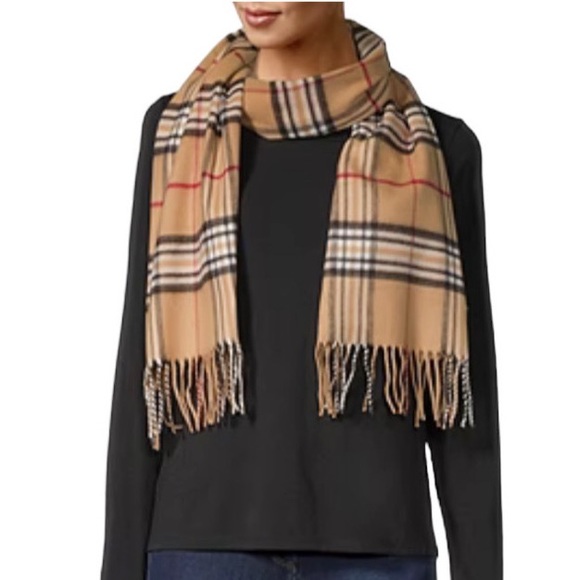 Scarf Beige Plaid Scarf Unisex Fringe Scarf - Picture 5 of 5